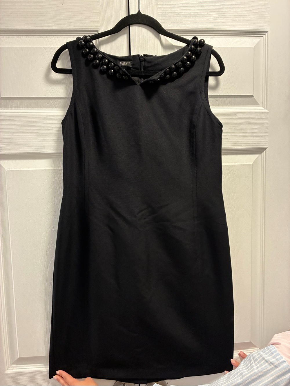 Talbots Black Sleeveless Sheath Dress with Beaded Collar